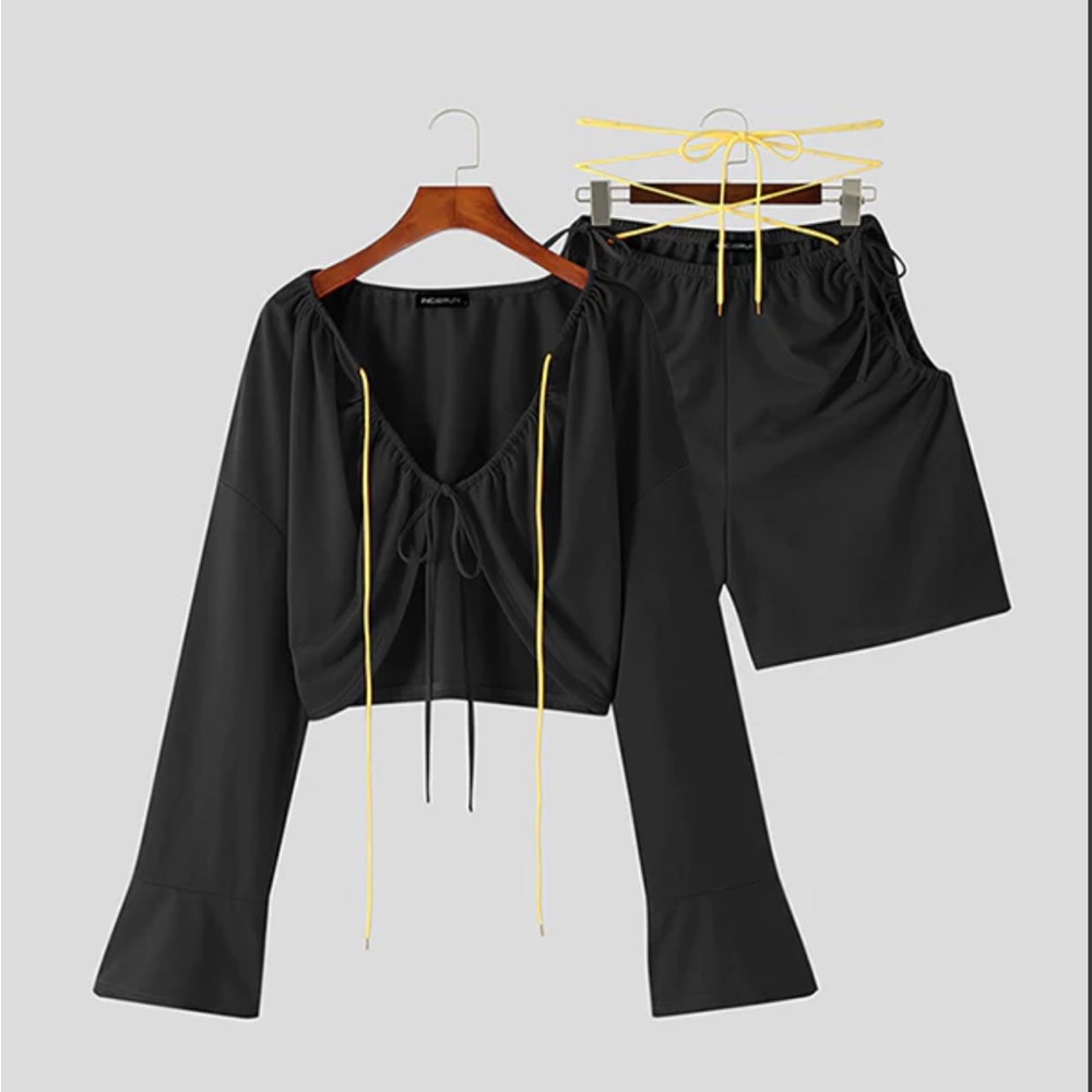 Mens Drawstring Lace-up Crop 2 Pieces Outfits